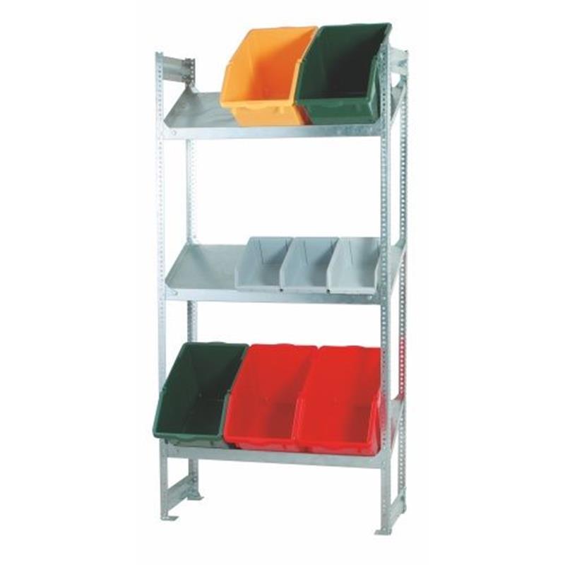 Shelving unit with sloping shelves
