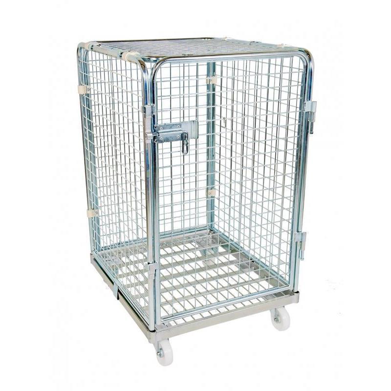 Container with wire walls on wheels