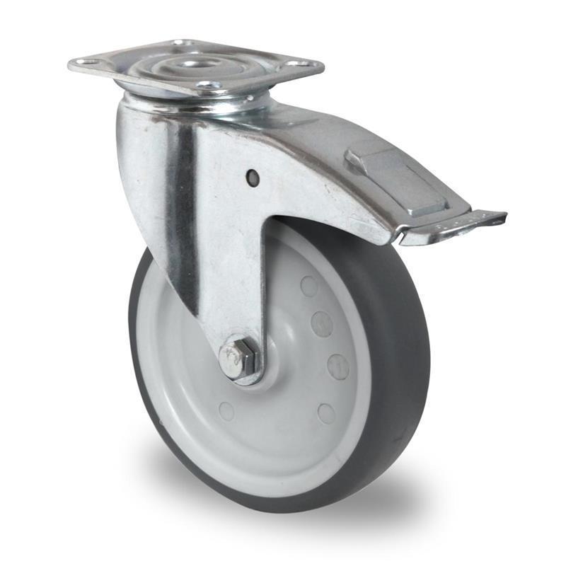 125 mm flexible transport wheel with brake for collecting trolleys and with sliding bearing