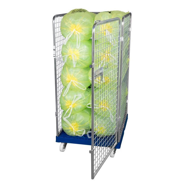 Wire mesh container on wheels for deliveries