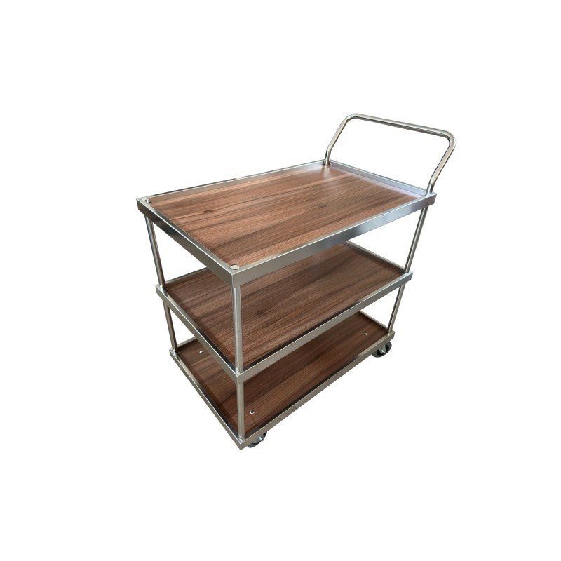 Rozsdamentes acél felszolgáló kocsi fa polcokkal