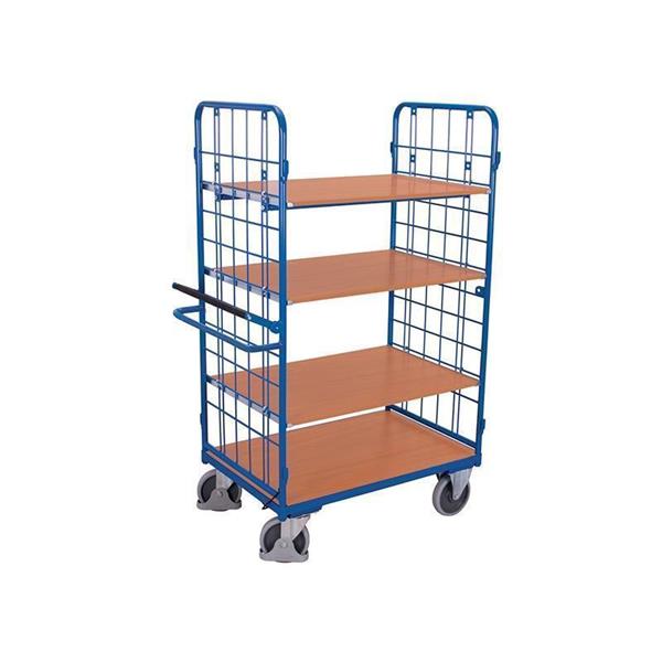 2 oldali rácsos kocsi 4 polccal, kézi automatikus fékkel