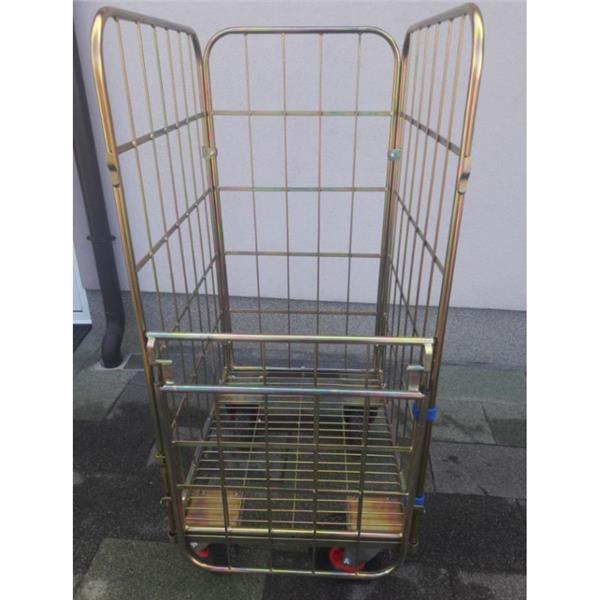 High-quality wire cart for catering, restaurants, kitchens, made from metal profiles, with two side walls, one back wall, folding doors, gold galvanized. Load capacity 500 kg.