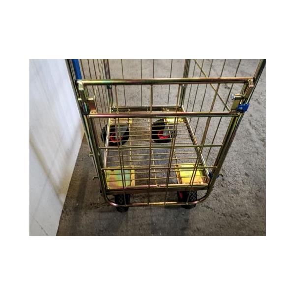 High-quality wire cart for catering, restaurants, kitchens, made from metal profiles, with two side walls, one back wall, folding doors, gold galvanized. Load capacity 500 kg.