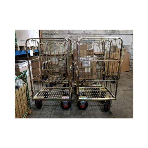 High-quality wire cart for catering, restaurants, kitchens, made from metal profiles, with two side walls, one back wall, folding doors, gold galvanized. Load capacity 500 kg.