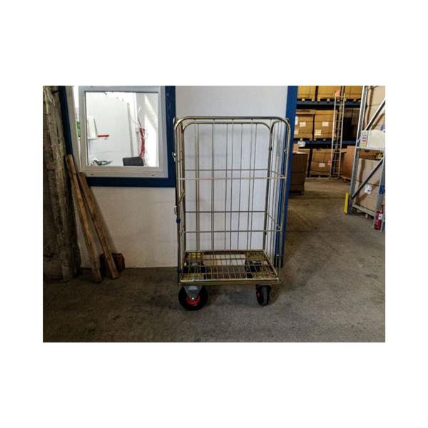 High-quality wire cart for catering, restaurants, kitchens, made from metal profiles, with two side walls, one back wall, folding doors, gold galvanized. Load capacity 500 kg.