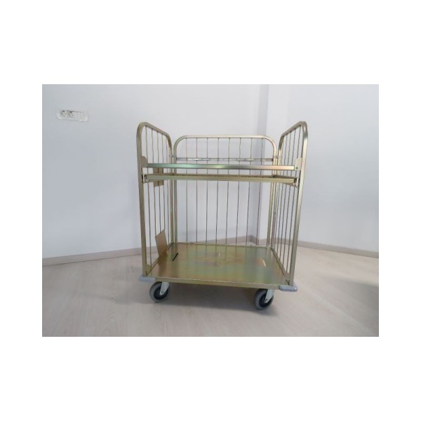 High-quality wire cart for laundries, made from metal profiles, with two side walls, one back wall, 1 x intermediate shelf, gold galvanized and additionally protected with PP glaze. Load capacity 600 kg.