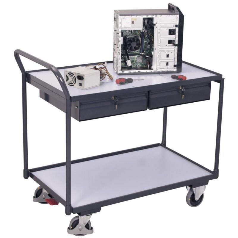 ESD-Tischwagen mit 2 Regalen und zwei Schubladen