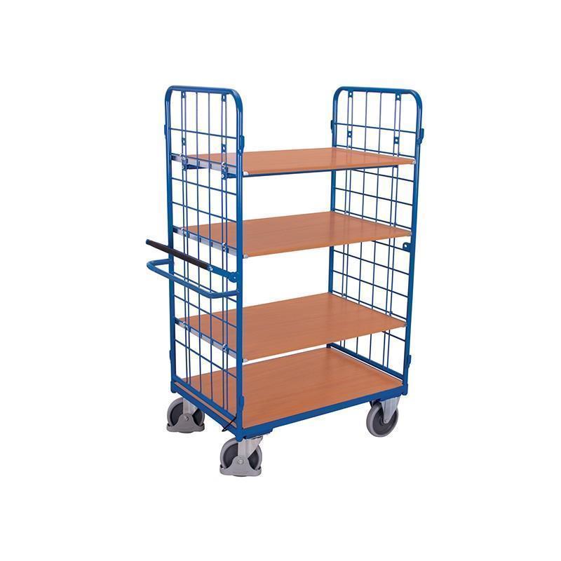 2 oldali rácsos kocsi 4 polccal, kézi automatikus fékkel