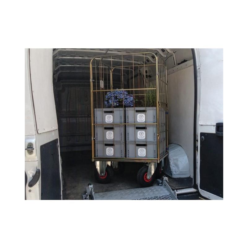 High-quality wire cart for catering, restaurants, kitchens, made from metal profiles, with two side walls, one back wall, folding doors, gold galvanized. Load capacity 500 kg.