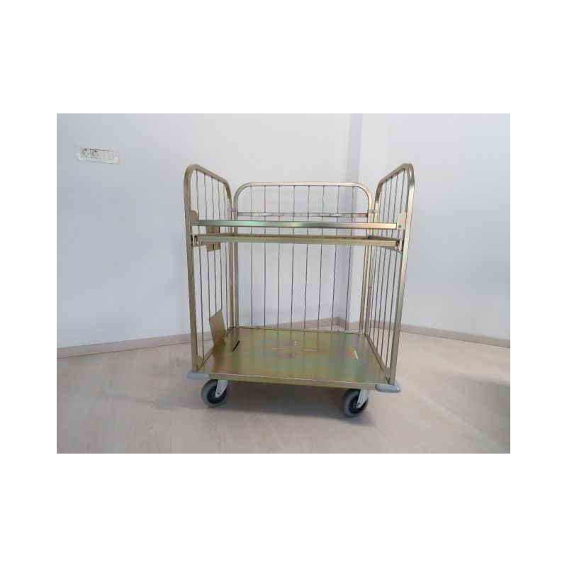 High-quality wire cart for laundries, made from metal profiles, with two side walls, one back wall, 1 x intermediate shelf, gold galvanized and additionally protected with PP glaze. Load capacity 600 kg.
