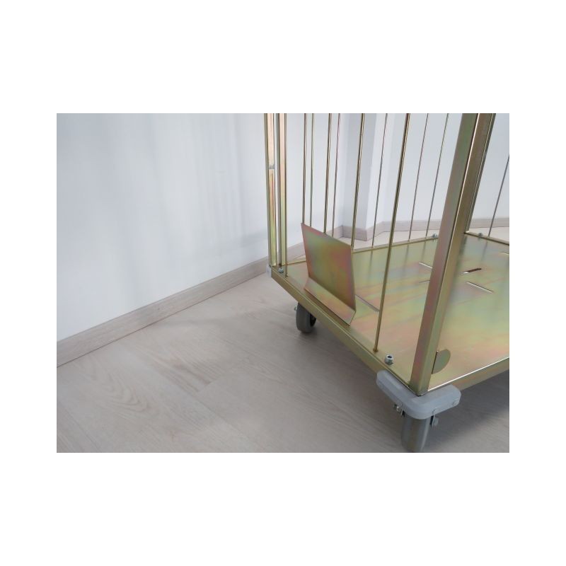 High-quality wire cart for laundries, made from metal profiles, with two side walls, one back wall, 1 x intermediate shelf, gold galvanized and additionally protected with PP glaze. Load capacity 600 kg.