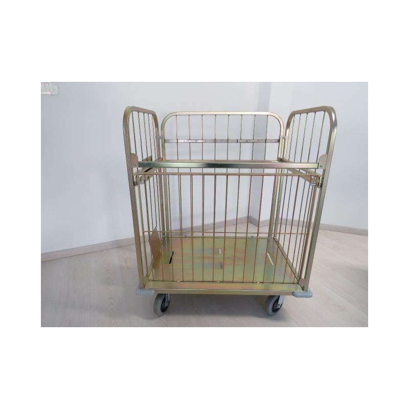 High-quality wire cart for laundries, made from metal profiles, with two side walls, one back wall, 1 x intermediate shelf, gold galvanized and additionally protected with PP glaze. Load capacity 600 kg.