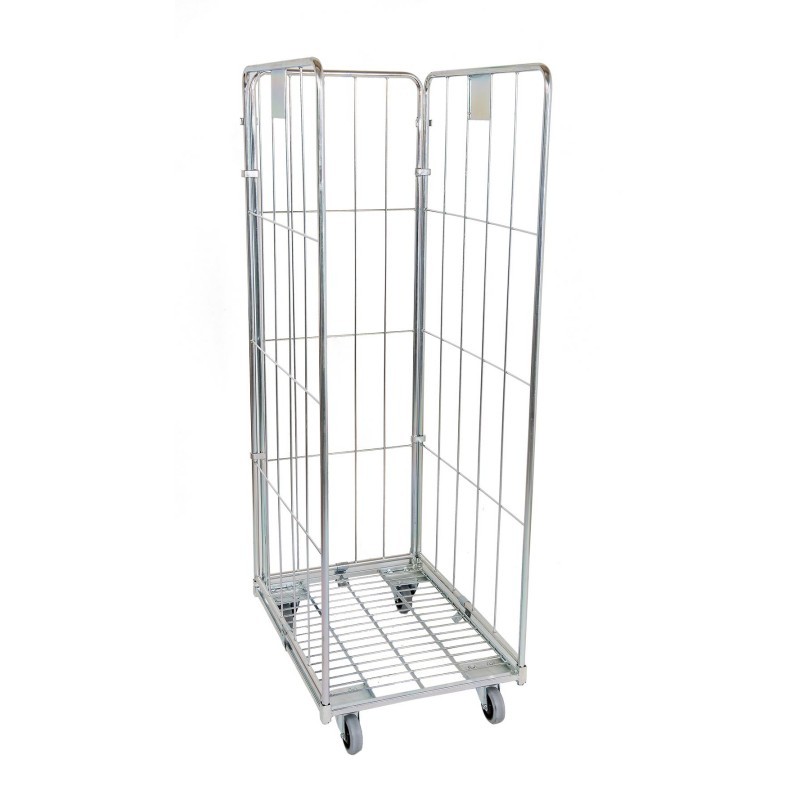 Drótkocsi mosodák számára, kerek profilokból készült, két oldallal, egy hátsó fallal, kék cinkelt. Teherbírás 500 kg.