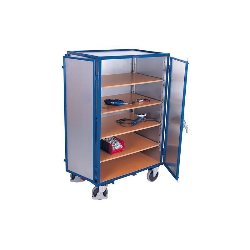 4-sided cabinet trolley with roof, doors and 5 shelves, welded