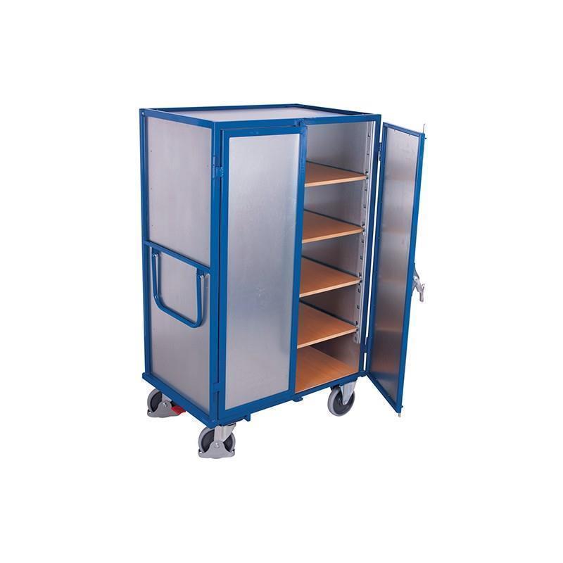 4-sided cabinet trolley with roof, doors and 5 shelves, welded