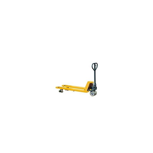 Pallet truck with atypically long rails