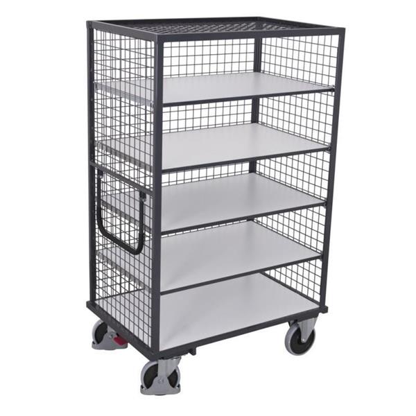 ESD 3-sided mesh trolley with roof and 5 shelves