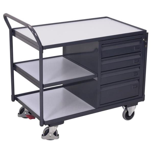 ESD workshop trolley with 3 shelves, lockable storage