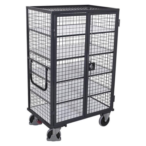 ESD lockable 4-sided mesh trolley with roof, doors and 5 shelves