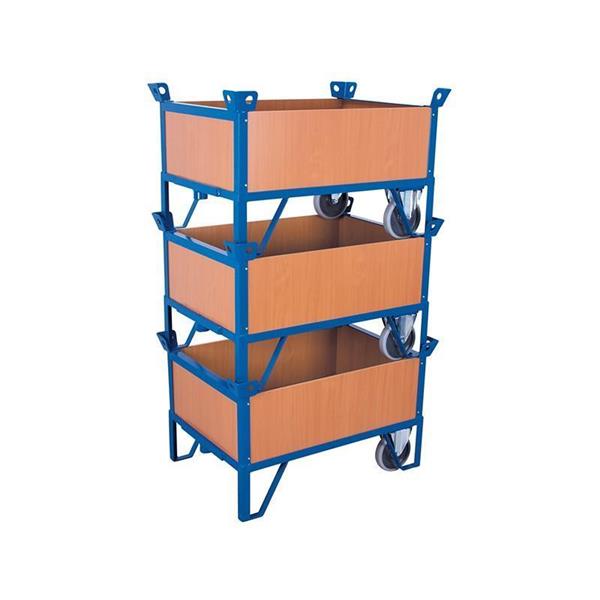 Box container with 2 stable wheels, for height loading