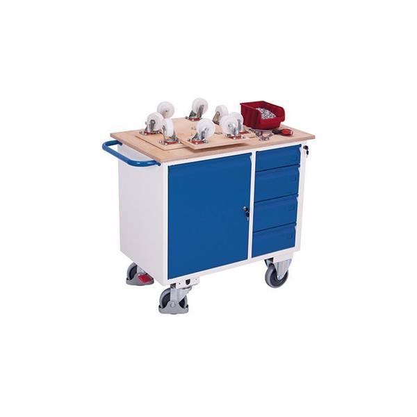 Workshop trolley with 1 wooden shelf, lockable storage