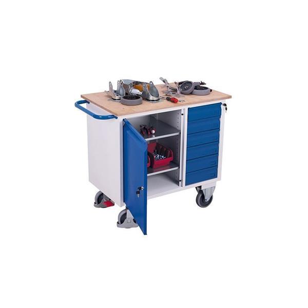 Workshop trolley with 1 wooden shelf, lockable storage