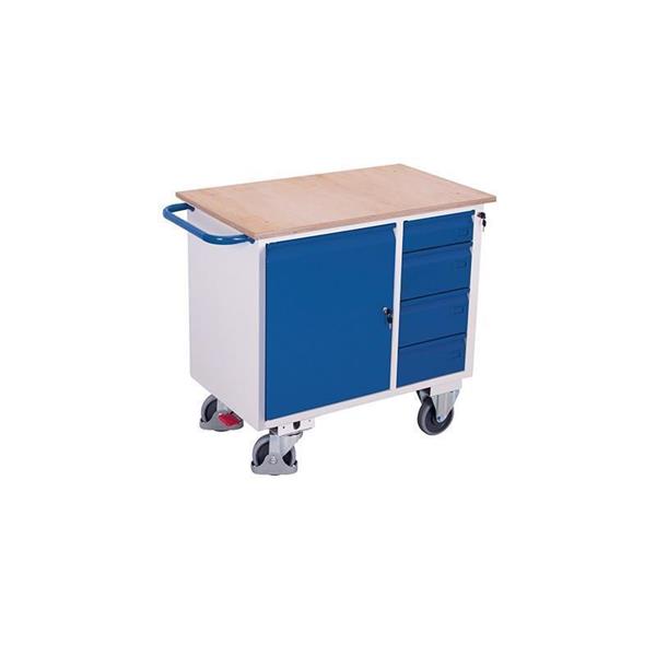 Workshop trolley with 1 wooden shelf, lockable storage