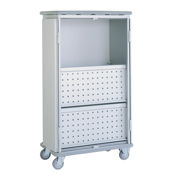 Container trolley for laundry transport - 2 folding perforated shelves