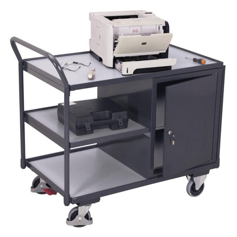 ESD workshop trolley with 3 shelves, lockable storage