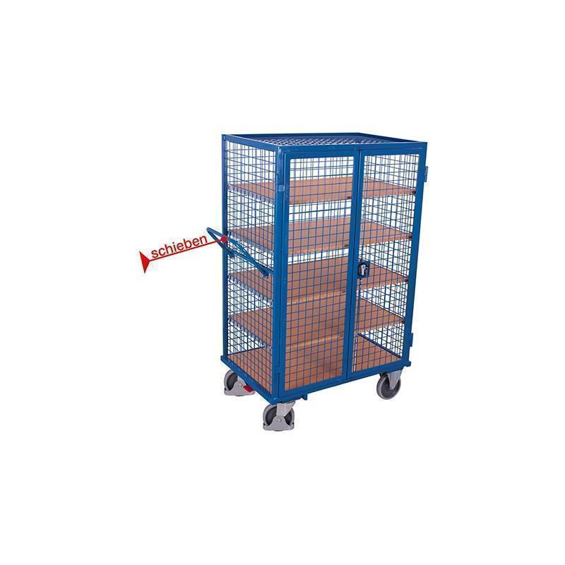 Lockable mesh trolley with roof, doors and 5 shelves, welded