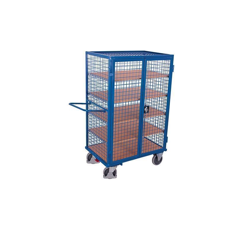 Lockable mesh trolley with roof, doors and 5 shelves, welded