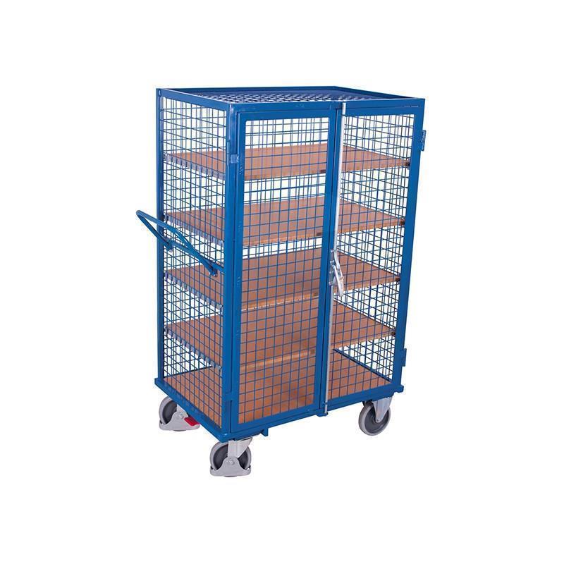 4-sided mesh trolley with roof, doors and 5 shelves, welded