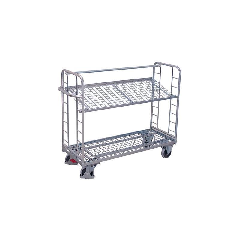 Galvanized mesh trolley with 2 tilting shelves