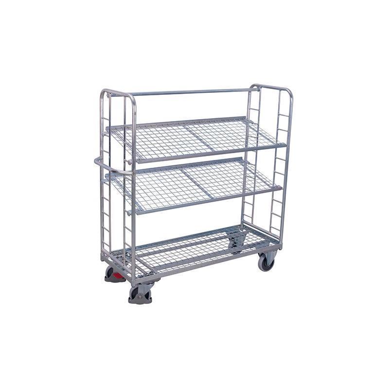 Galvanized mesh trolley with 3 tilting shelves