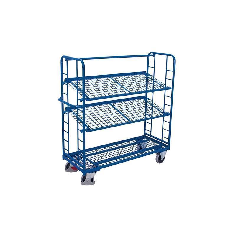 Mesh trolley with 3 tilt shelves