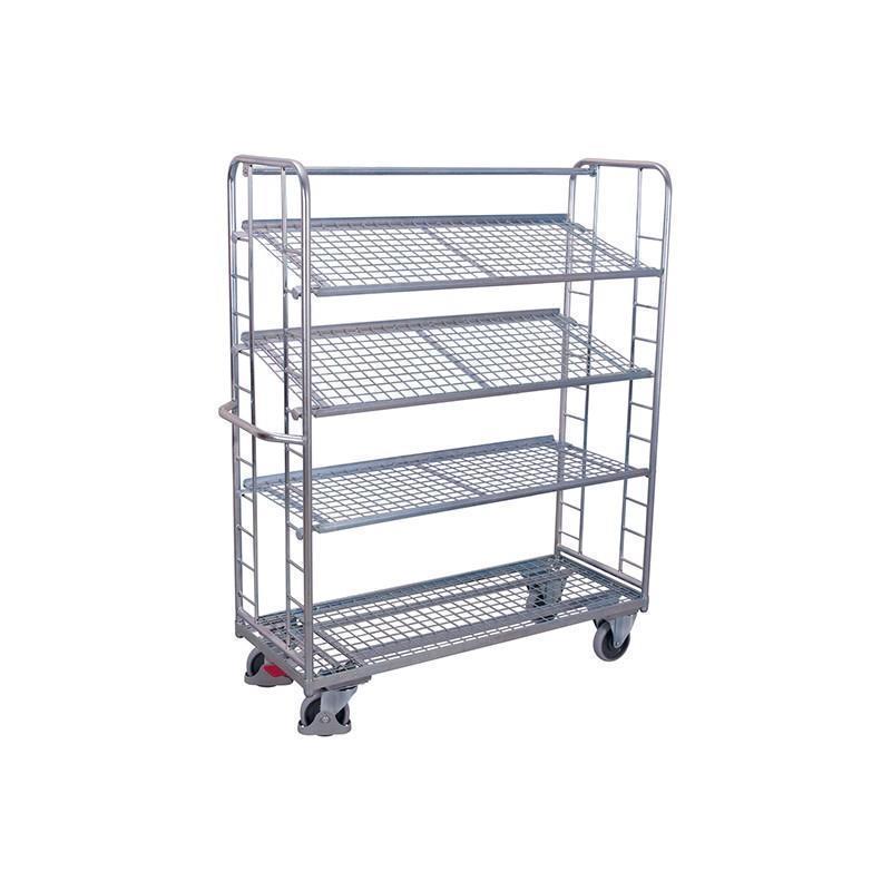 Galvanized mesh trolley with 4 tilt shelves