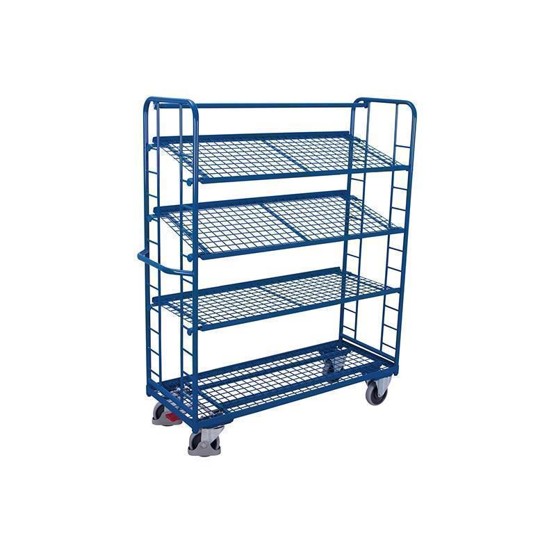 Mesh trolley with 4 tilt shelves