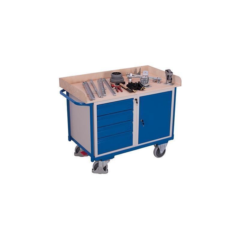 Workshop trolley with 1 shelf and higher edge, lockable storage