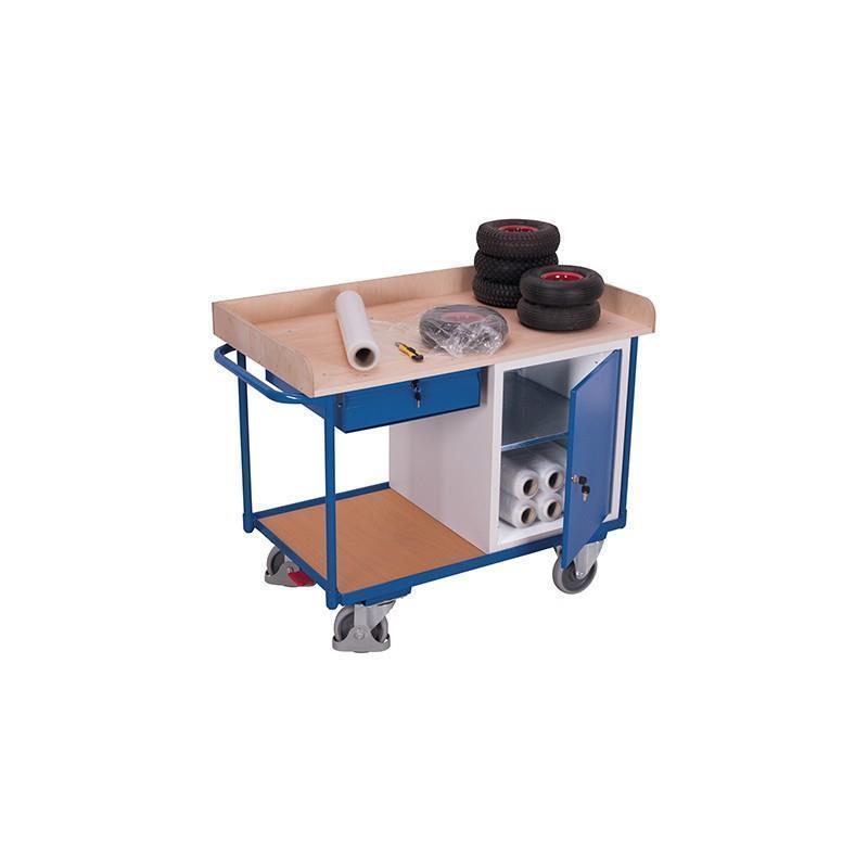 Workshop trolley with 2 shelves and higher edge, lockable storage