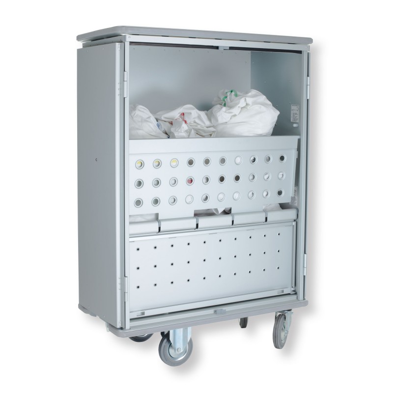 Container trolley for laundry transport - 2 folding perforated shelves